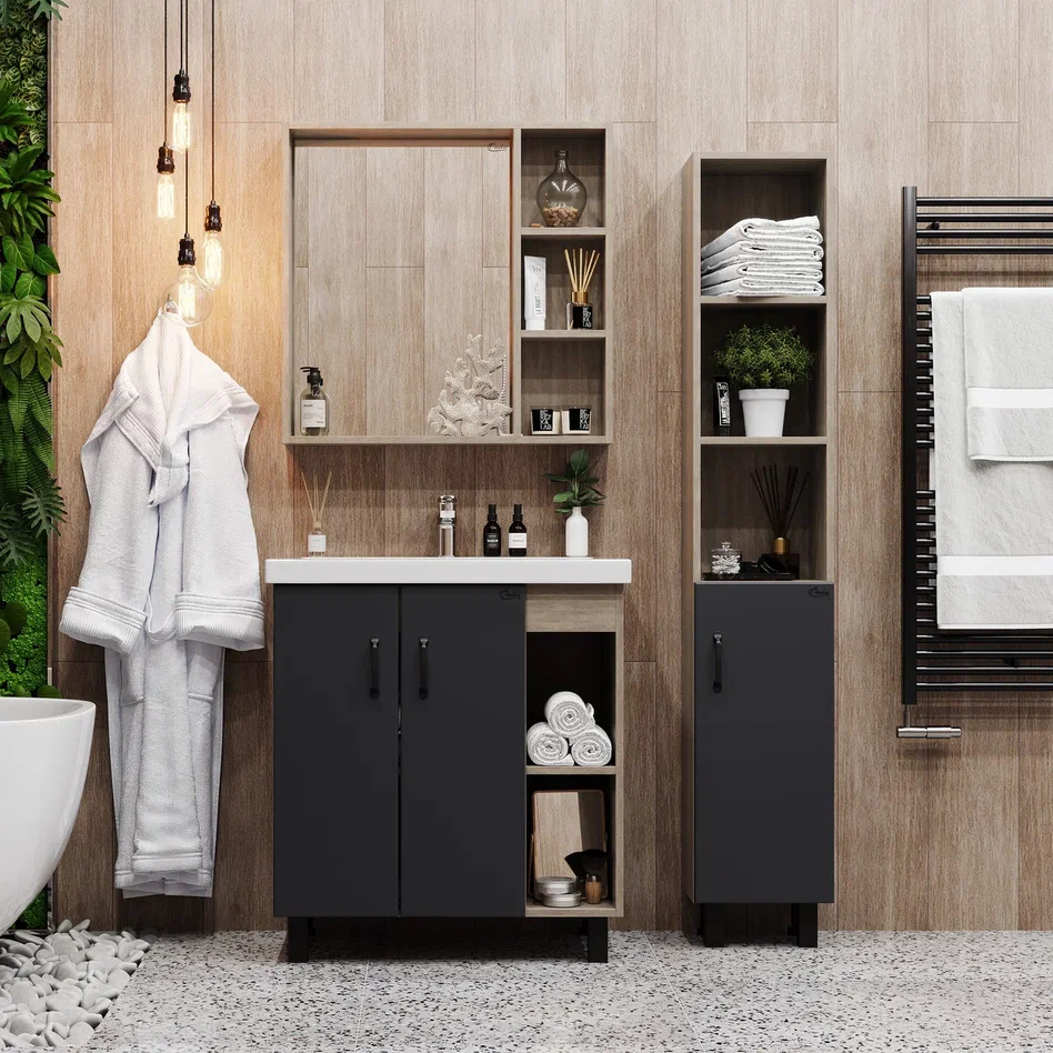 Onika Тумба под раковину Тимбер 90 напольная графит/дуб сонома правая – фотография-5