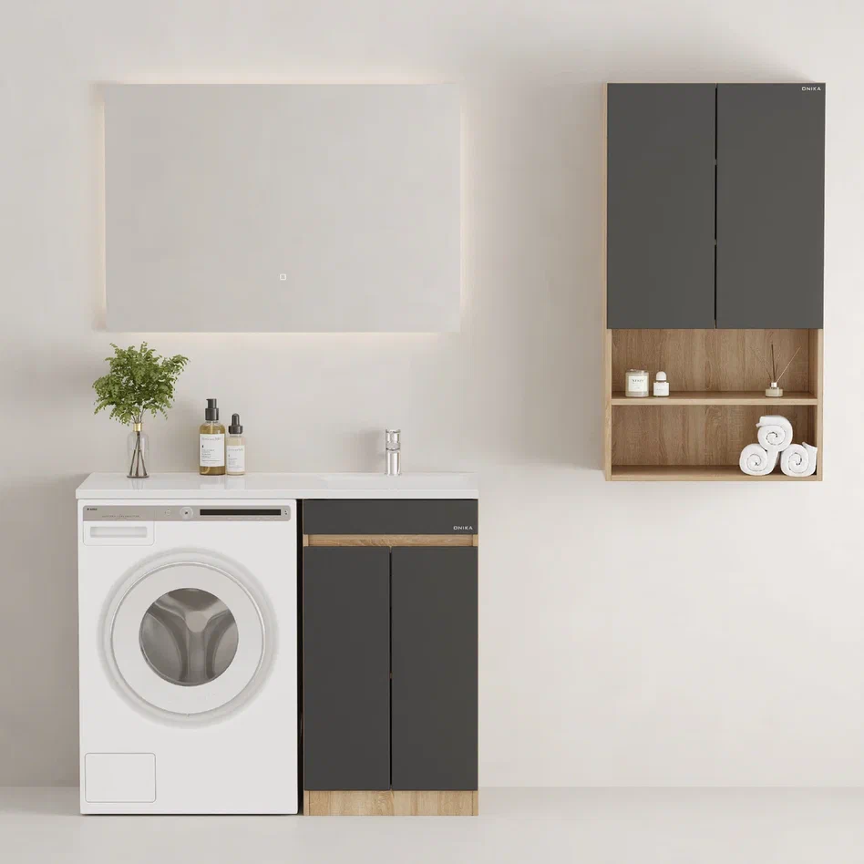 Onika Тумба под раковину Милтон Нова 48 напольная под стиральную машину графит/дуб сонома – фотография-7