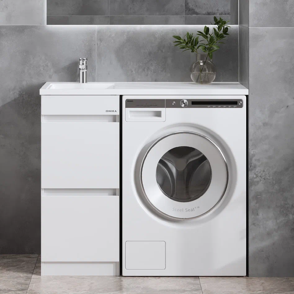 Onika Тумба с раковиной Милтон 38 напольная под стиральную машину белая – фотография-4