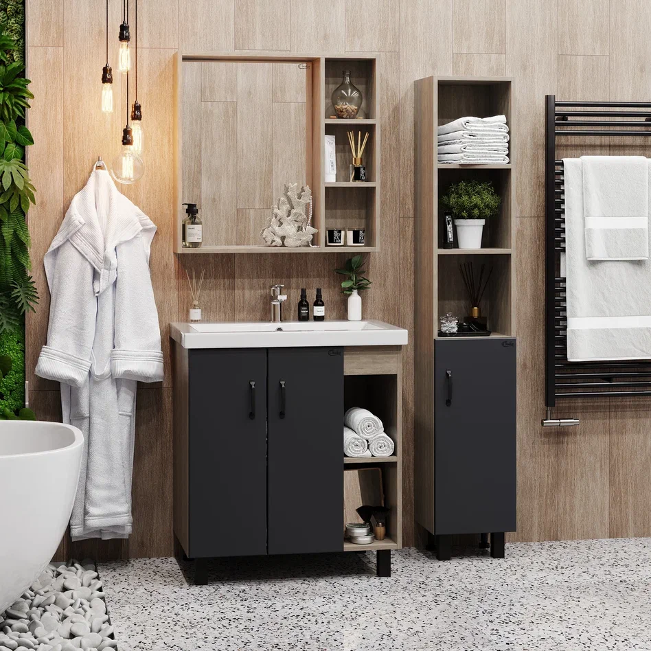 Onika Тумба с раковиной Тимбер 90 напольная графит/дуб сонома правая – фотография-7