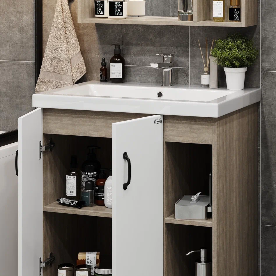 Onika Тумба под раковину Тимбер 90 напольная белая матовая/дуб сонома правая – фотография-6