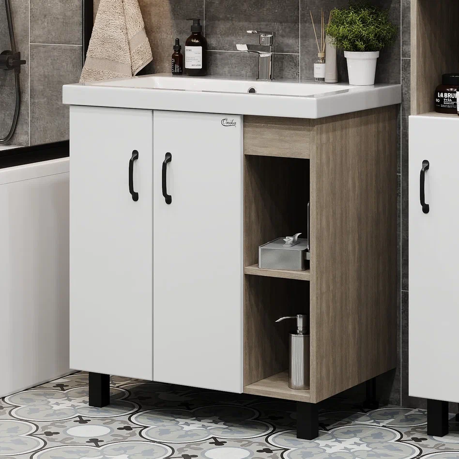 Onika Тумба с раковиной Тимбер 90 напольная белая матовая/дуб сонома правая – фотография-7