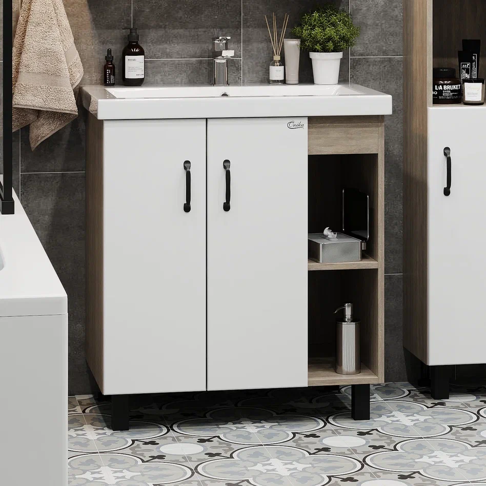 Onika Тумба под раковину Тимбер 90 напольная белая матовая/дуб сонома правая – фотография-3