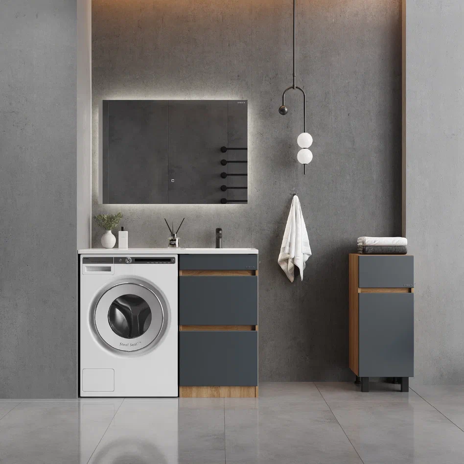 Onika Тумба под раковину Милтон 58 напольная под стиральную машину графит/дуб сонома – фотография-3