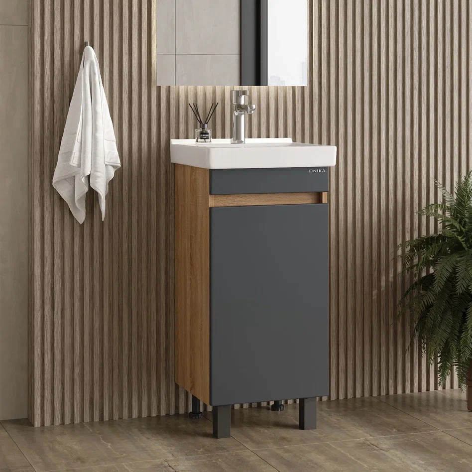Onika Тумба с раковиной Милтон Квадро 40 напольная графит/дуб сонома – фотография-6