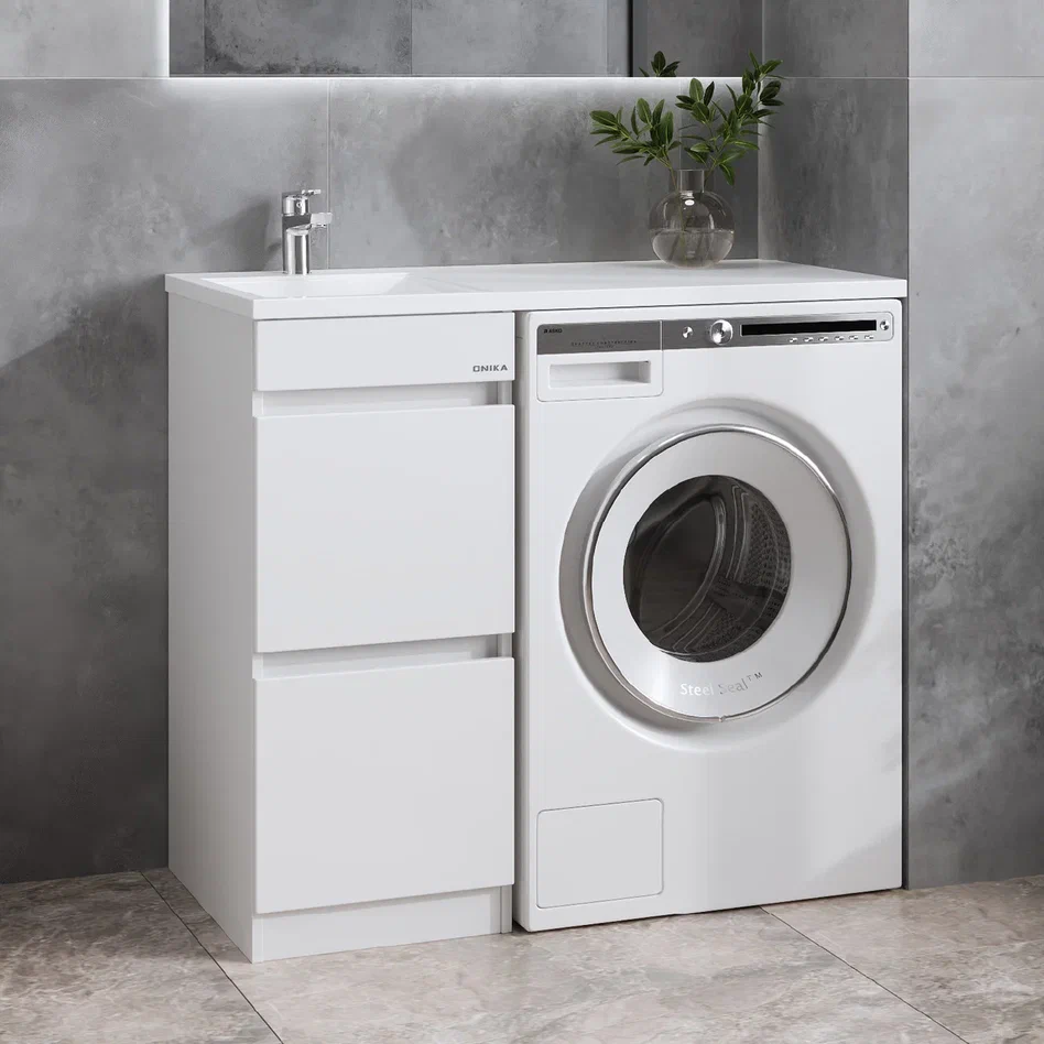Onika Тумба с раковиной Милтон 38 напольная под стиральную машину белая – фотография-6