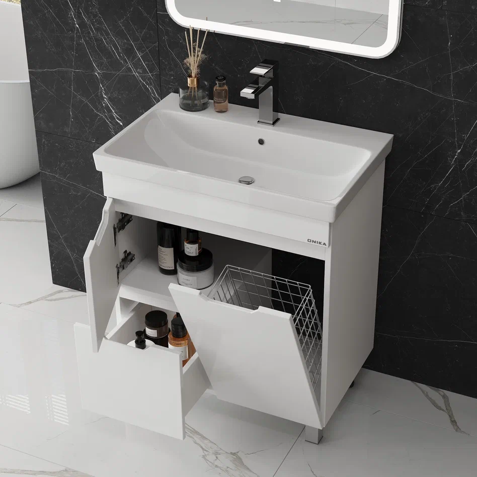Onika Тумба под раковину Айленд 80 напольная белая с корзиной – фотография-6