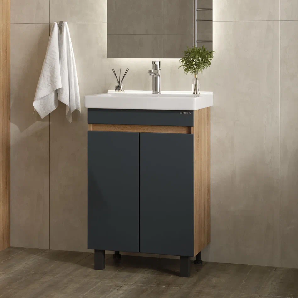 Onika Тумба с раковиной Милтон Квадро 55 напольная графит/дуб сонома – фотография-6