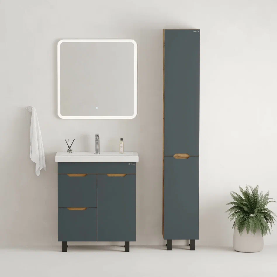 Onika Тумба под раковину Айленд 80 напольная графит/дуб крафт золотой – фотография-6