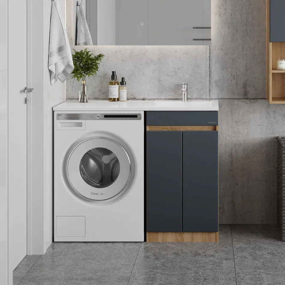 Onika Тумба с раковиной Милтон Нова 58 напольная под стиральную машину графит/дуб сонома – фотография-4