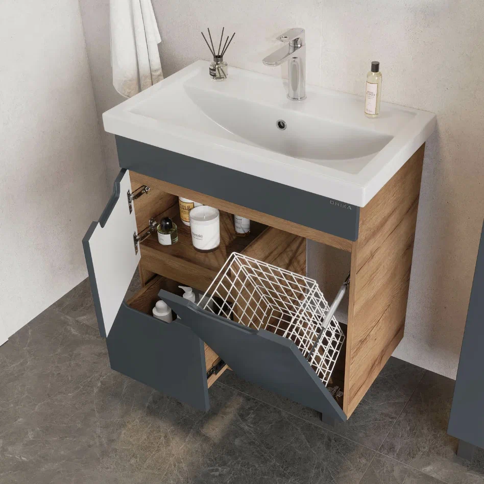 Onika Тумба под раковину Айленд 70 напольная графит/дуб крафт золотой – фотография-5