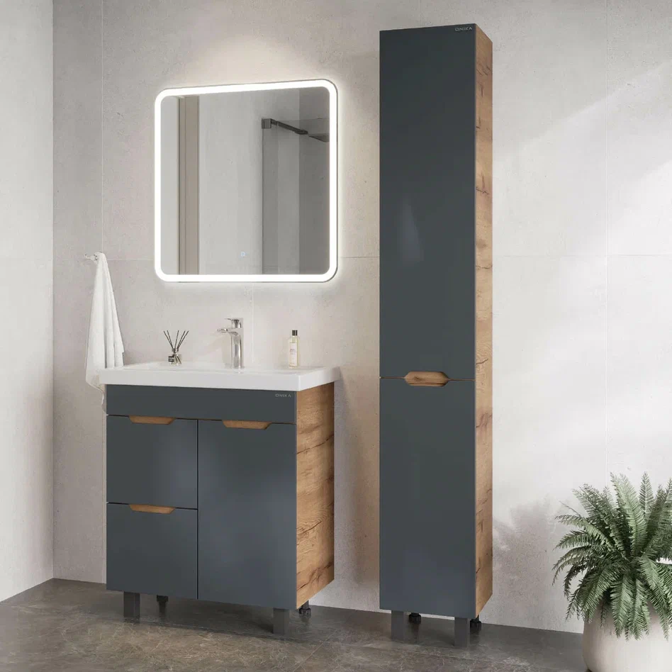 Onika Тумба под раковину Айленд 80 напольная графит/дуб крафт золотой – фотография-4