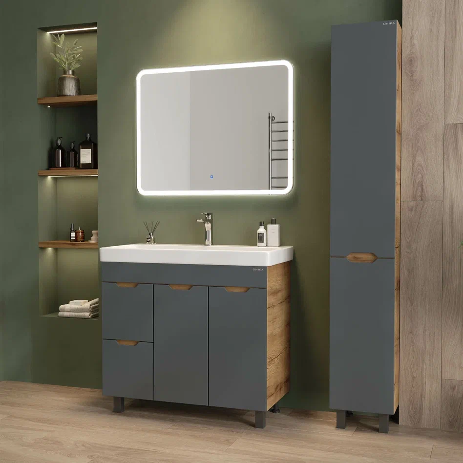 Onika Тумба под раковину Айленд 90 напольная графит/дуб крафт золотой – фотография-4