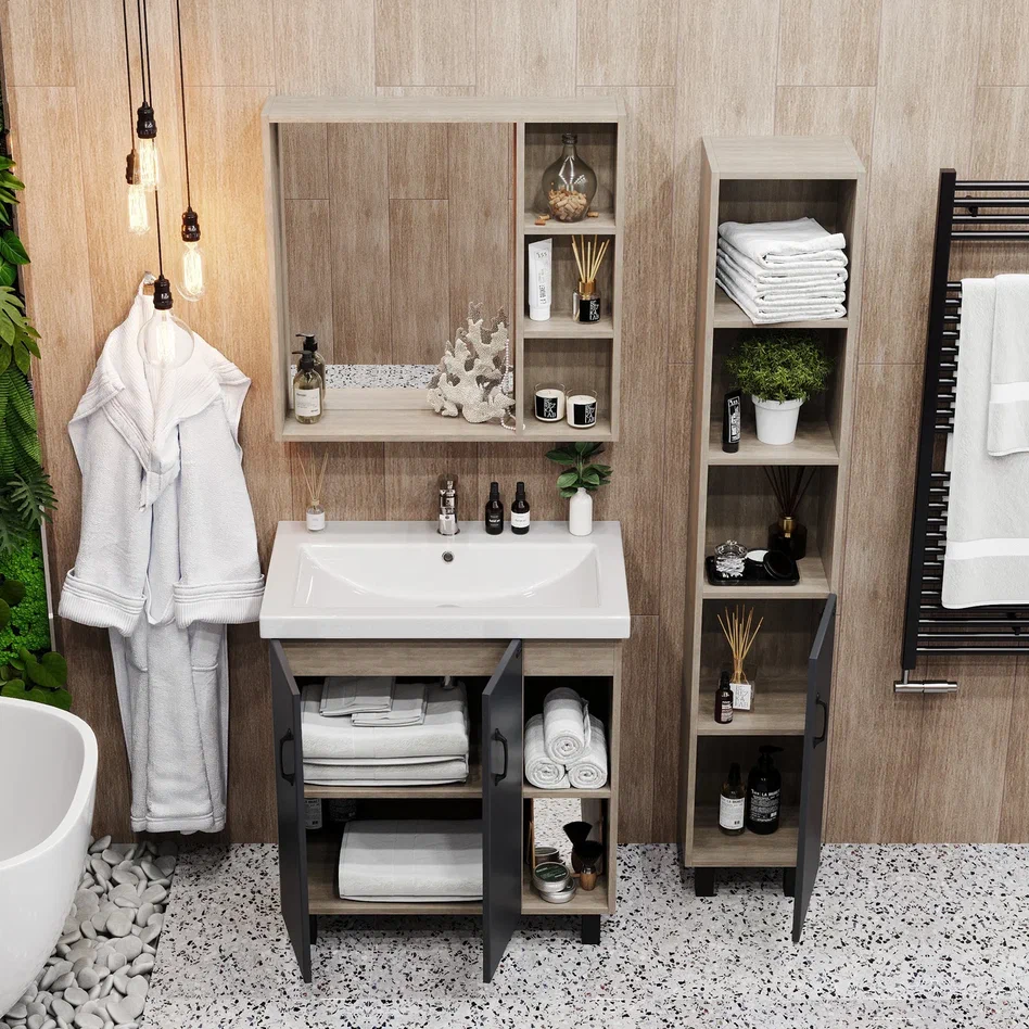 Onika Тумба под раковину Тимбер 90 напольная графит/дуб сонома правая – фотография-8