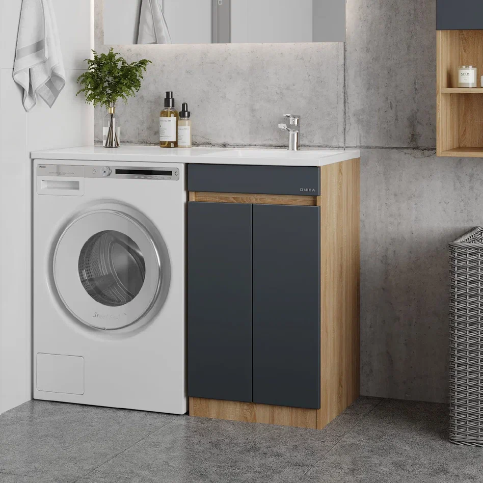 Onika Тумба с раковиной Милтон Нова 58 напольная под стиральную машину графит/дуб сонома – фотография-6