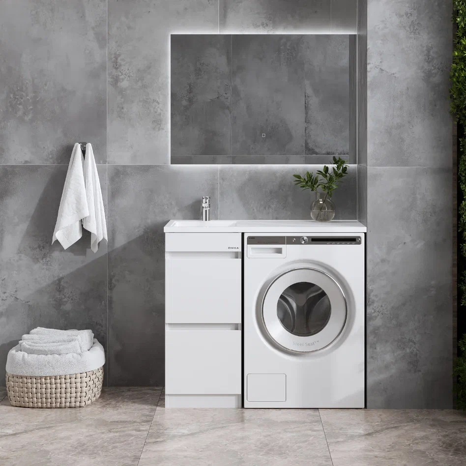Onika Тумба с раковиной Милтон 38 напольная под стиральную машину белая – фотография-3