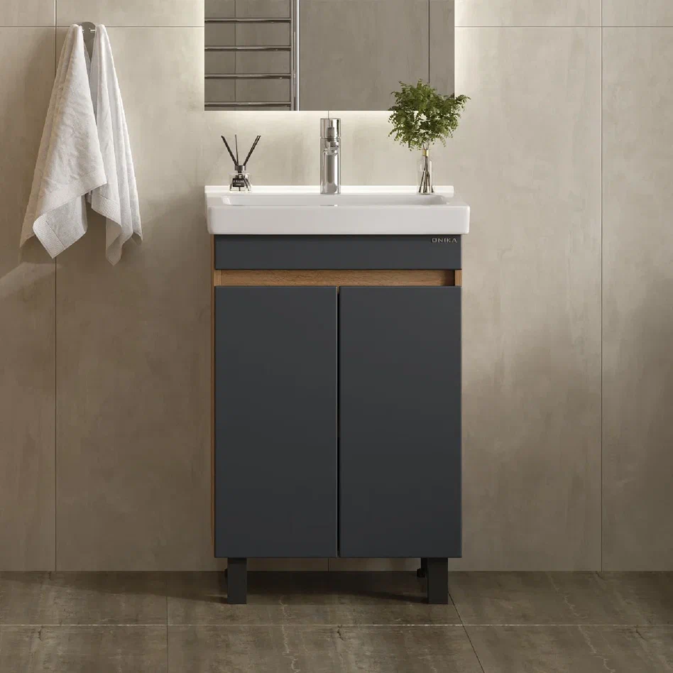 Onika Тумба под раковину Милтон Квадро 55 напольная графит/дуб сонома – фотография-4