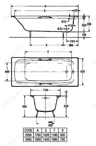 Jacob Delafon Ванна чугунная Diapason 170х75 E2937 – картинка-3