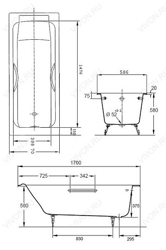 Jacob Delafon Ванна чугунная Parallel 170х70 E2948 – картинка-3