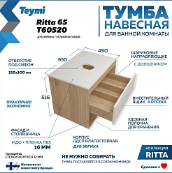 Teymi Тумба с раковиной Ritta 65 дуб эврика/белый матовый T60520 раковина T50204 – фотография-2
