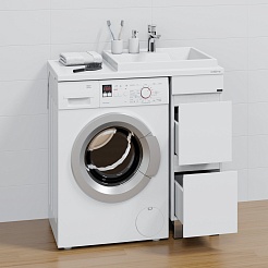 СанТа Мебель для ванной под стиральную машину Марс 90 R 2 ящика с зеркальным шкафом Стандарт 90 белая/светлое дерево – фотография-5