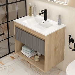 Teymi Тумба с раковиной Vitra 75 Волна подвесная дуб/графит – фотография-4