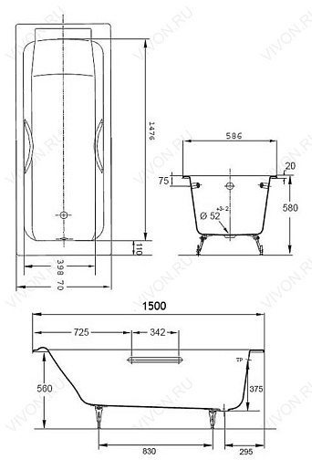 Jacob Delafon Ванна чугунная Parallel 150х70 E2949 – картинка-3