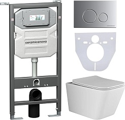 Ceramicanova Подвесной унитаз Metric Rimless с шумоизоляционной панелью CN1000 с системой инсталляции Envision кнопка Round хром матовый – фотография-1