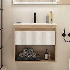 Teymi Тумба с раковиной Vitra 70 Волна подвесная дуб/белый – фотография-3