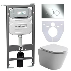 Ceramicanova Подвесной унитаз Balearica Rimless с шумоизоляционной панелью CN1000 с системой инсталляции Envision кнопка Round хром – фотография-1