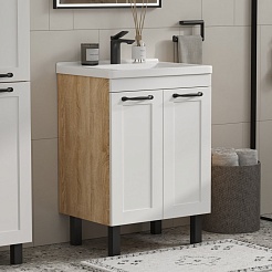 Equil Тумба под раковину Lago 60 2 ящика напольная белая/дерево – фотография-5