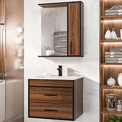 Misty Тумба с раковиной Кедр 60 R Амалфи подвесная орех/черная – фотография-1