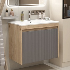 Teymi Тумба с раковиной Netta 75 Волна подвесная дуб/графит – фотография-4