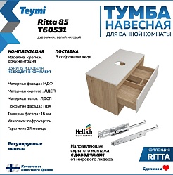 Teymi Тумба с раковиной Ritta 85 дуб эврика/белый матовый T60531 раковина T50302 – фотография-3