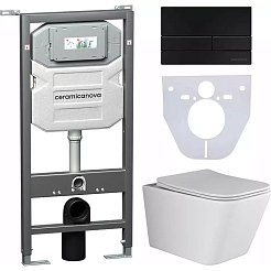 Ceramicanova Подвесной унитаз Metric Rimless с шумоизоляционной панелью CN1000 с системой инсталляции Envision кнопка Flat чёрный матовый – фотография-1