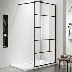 Aquatek Душевая перегородка 100x200 AQ WIW Print 10020BL с держателем профиль черный стекло прозрачное с рисунком – фотография-1