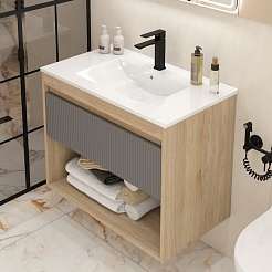 Teymi Тумба с раковиной Vitra 80 Волна подвесная дуб/графит – фотография-4