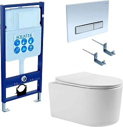 Aquatek Унитаз подвесной Мия AQ2004-00 в комплекте с инсталляцией Standard INS-0000012 с клавишей смыва KDI-0000022 белый глянец/никель и крепления KKI-0000002 – фотография-1