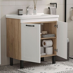 Equil Тумба с раковиной Lago 80 2 ящика напольная белая/дерево – фотография-8