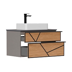 Equil Тумба под раковину Ferro 80 2 ящика подвесная лен антрацит/дуб мадера – фотография-2