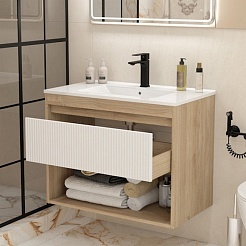 Teymi Тумба с раковиной Vitra 80 Волна подвесная дуб/белый – фотография-5