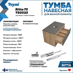 Teymi Тумба с раковиной Ritta 75 дуб эврика/графит матовый подвесная T60525 раковина T50606 – фотография-3