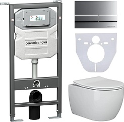 Ceramicanova Подвесной унитаз Play Rimless с шумоизоляционной панелью CN1000 с системой инсталляции Envision кнопка Flat хром матовый – фотография-1