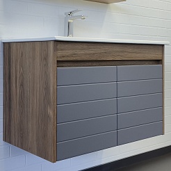 Comforty Тумба с раковиной Кемер 75 подвесная антрацит/дуб темно-коричневый – фотография-1