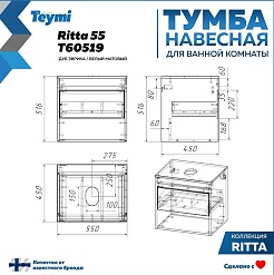 Teymi Тумба с раковиной Ritta 55 дуб эврика/белый матовый подвесная T60519 раковина T50106 – фотография-4