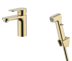 Aquatek Смеситель для раковины Ника AQ1812BG с гигиеническим душем, золото шлифованное – фотография-1