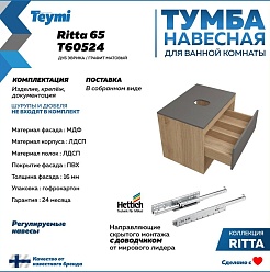 Teymi Тумба с раковиной Ritta 65 дуб эврика/графит матовый подвесная T60524 раковина T50207 – фотография-3