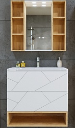 Бриклаер Мебель для ванной Кристалл 80 с нишей с зеркалом с полками белая/дуб бунратти – фотография-1