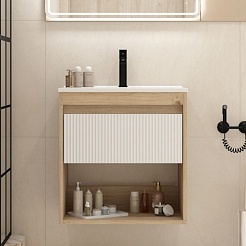 Teymi Тумба с раковиной Vitra 60 Волна подвесная дуб/белый – фотография-3