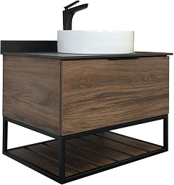 Comforty Тумба с раковиной Порто 75 9110 подвесная дуб темно-коричневый/черный муар – фотография-1
